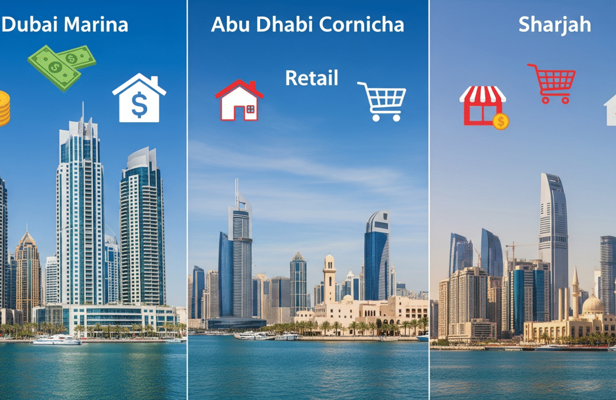 "Cost of Living in the UAE – Dubai Marina showing luxury apartments, real estate costs, and lifestyle expenses with modern skyscrapers in the background."