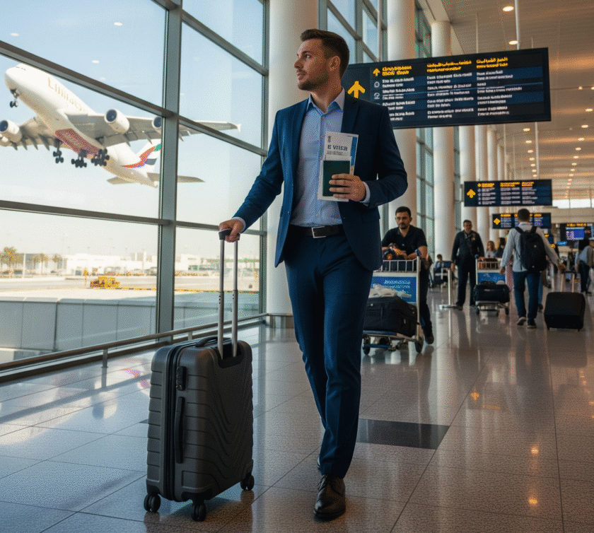 "Business traveler arriving in Dubai airport with luggage and visa documents, symbolizing global e-commerce opportunities and growth of Dropshipping in UAE."
