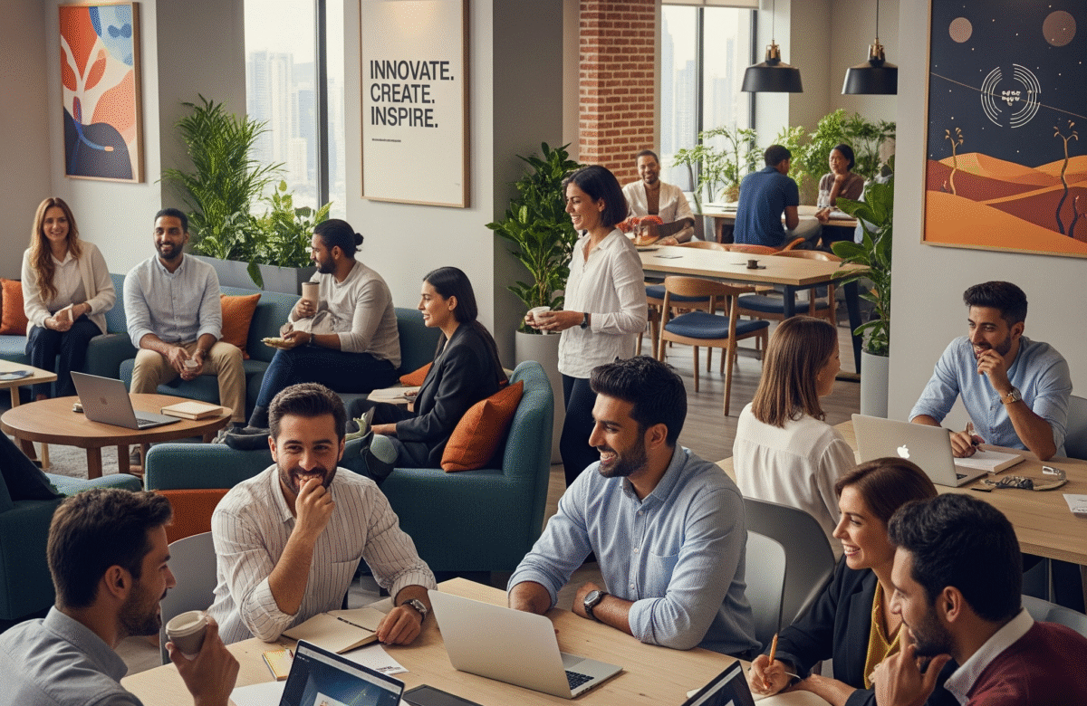 Professionals engaging in collaborative discussions at a modern coworking space, showcasing opportunities for Networking in Dubai among entrepreneurs and business leaders.