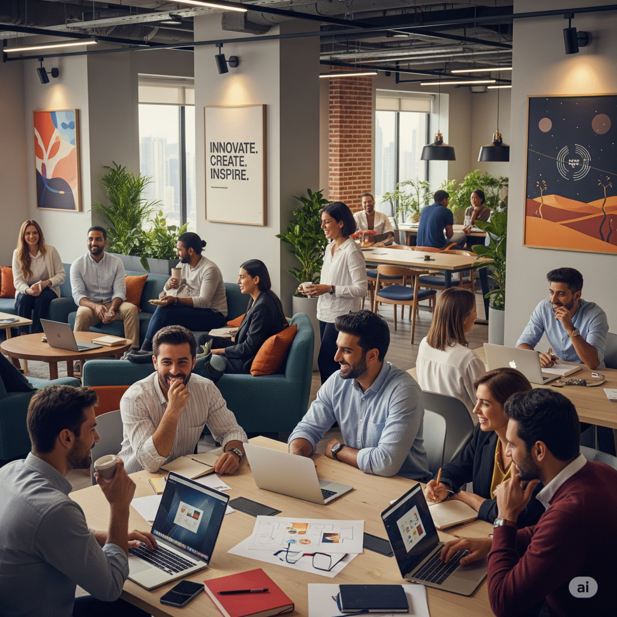 Professionals engaging in collaborative discussions at a modern coworking space, showcasing opportunities for Networking in Dubai among entrepreneurs and business leaders.