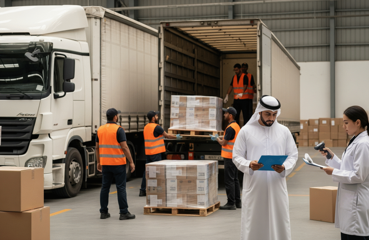 Importing to UAE – workers unloading cargo from a truck in a Dubai warehouse with logistics managers checking documents and scanning shipments.