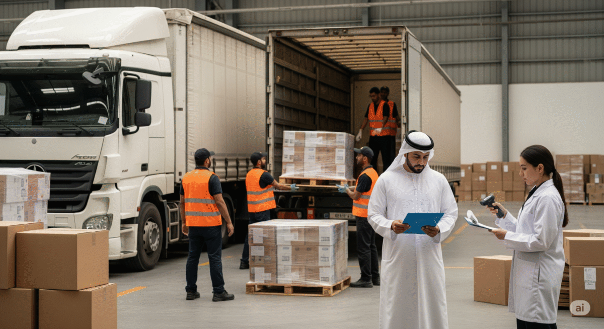 Importing to UAE – workers unloading cargo from a truck in a Dubai warehouse with logistics managers checking documents and scanning shipments.
