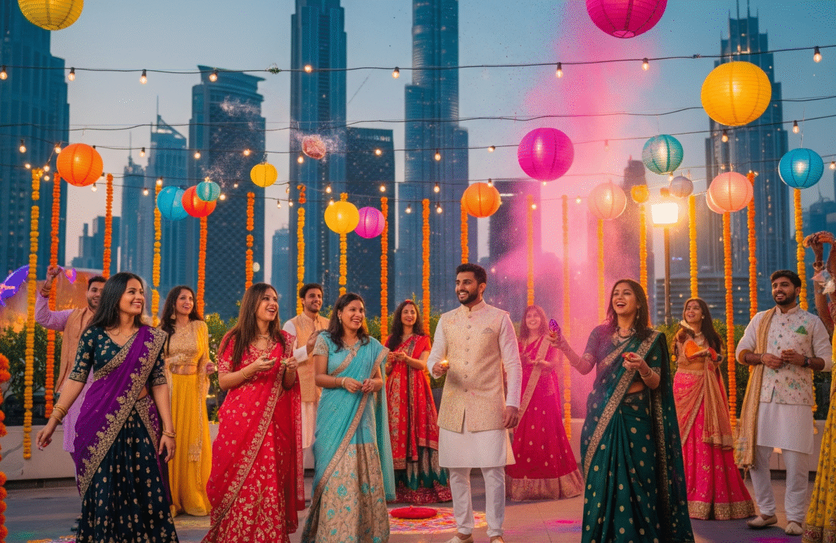 Life of Indians in Dubai - Indian community celebrating festival with traditional attire in front of Dubai skyline