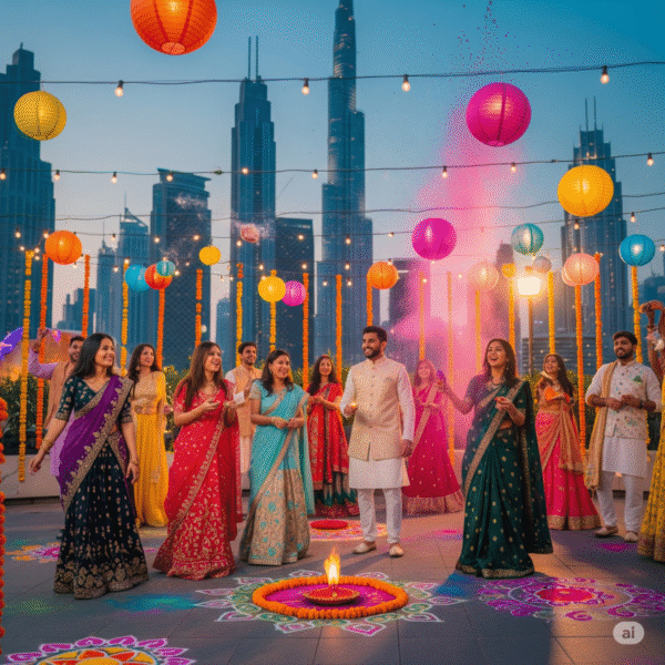 Life of Indians in Dubai - Indian community celebrating festival with traditional attire in front of Dubai skyline