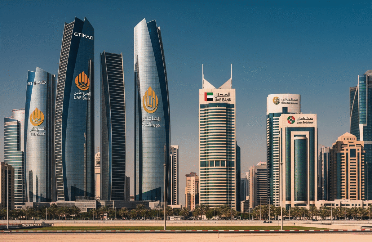 Skyline view of modern skyscrapers and financial towers representing the biggest bank in Dubai and other major banks in the UAE.