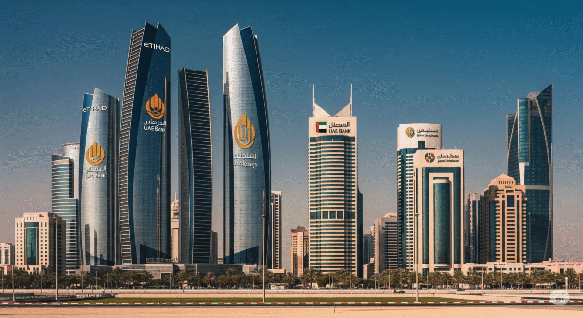 Skyline view of modern skyscrapers and financial towers representing the biggest bank in Dubai and other major banks in the UAE.