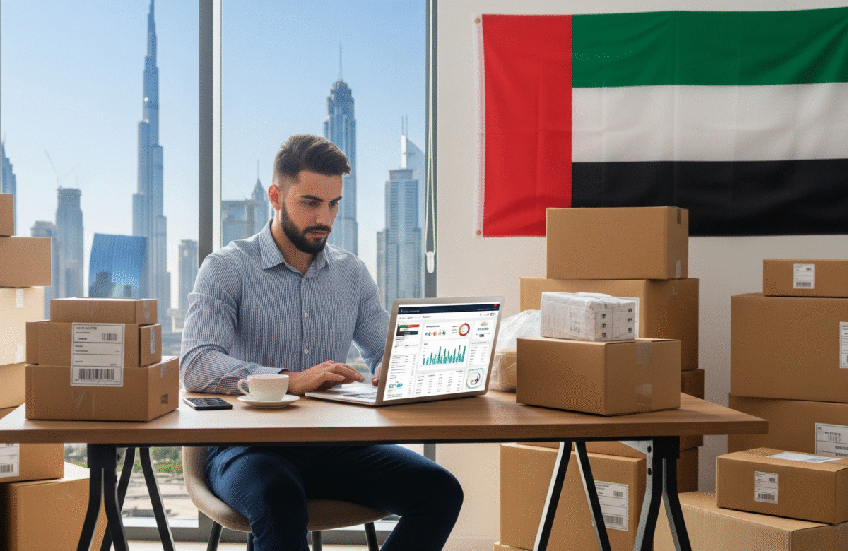 "Entrepreneur managing e-commerce sales on laptop surrounded by packages and UAE flag, representing the growth of Dropshipping in UAE."