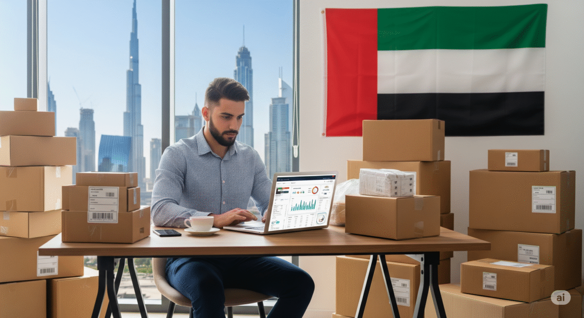"Entrepreneur managing e-commerce sales on laptop surrounded by packages and UAE flag, representing the growth of Dropshipping in UAE."