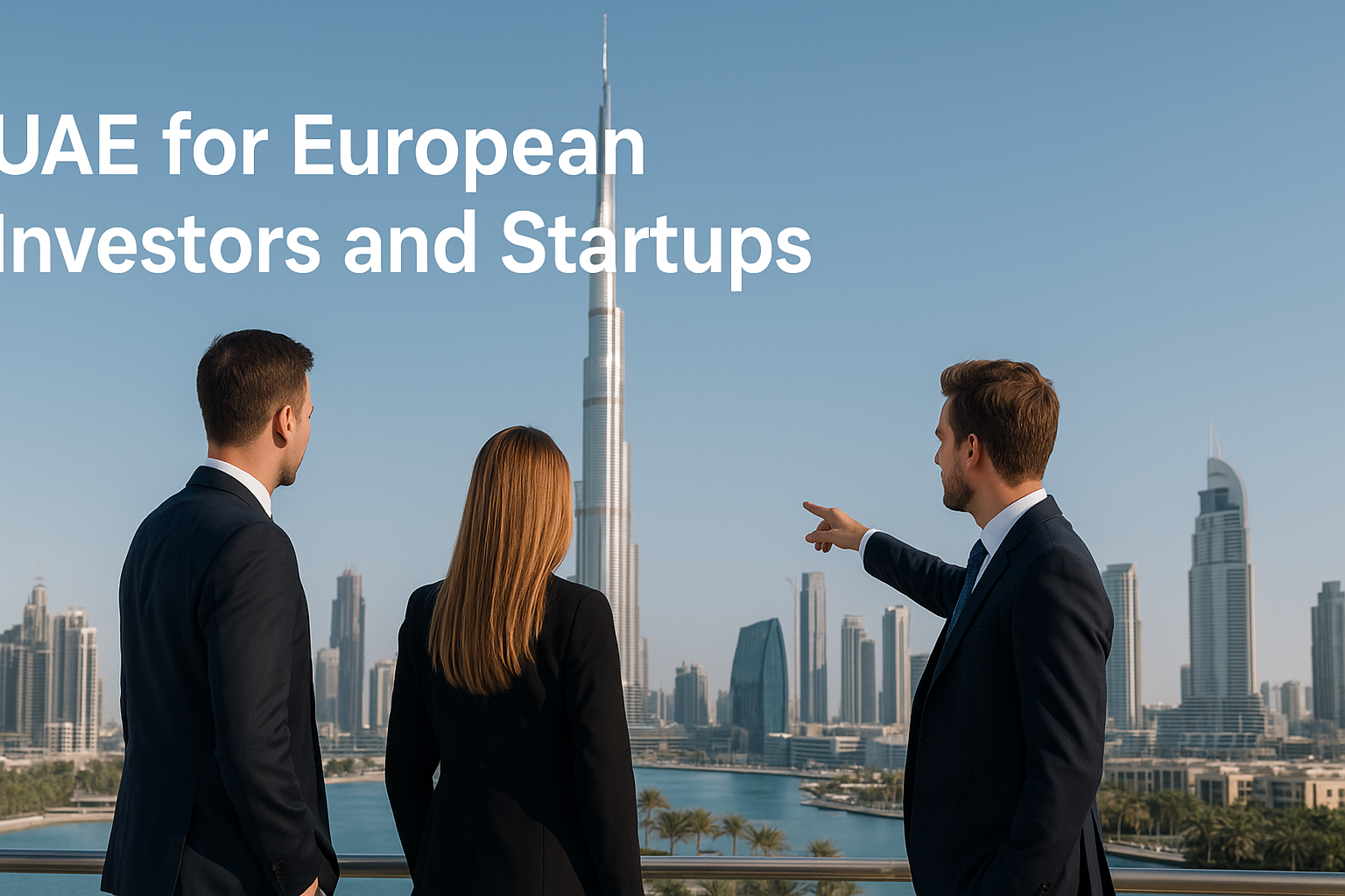 European business professionals overlooking Dubai skyline with Burj Khalifa, symbolizing opportunities in UAE for European Investors and Startups.
