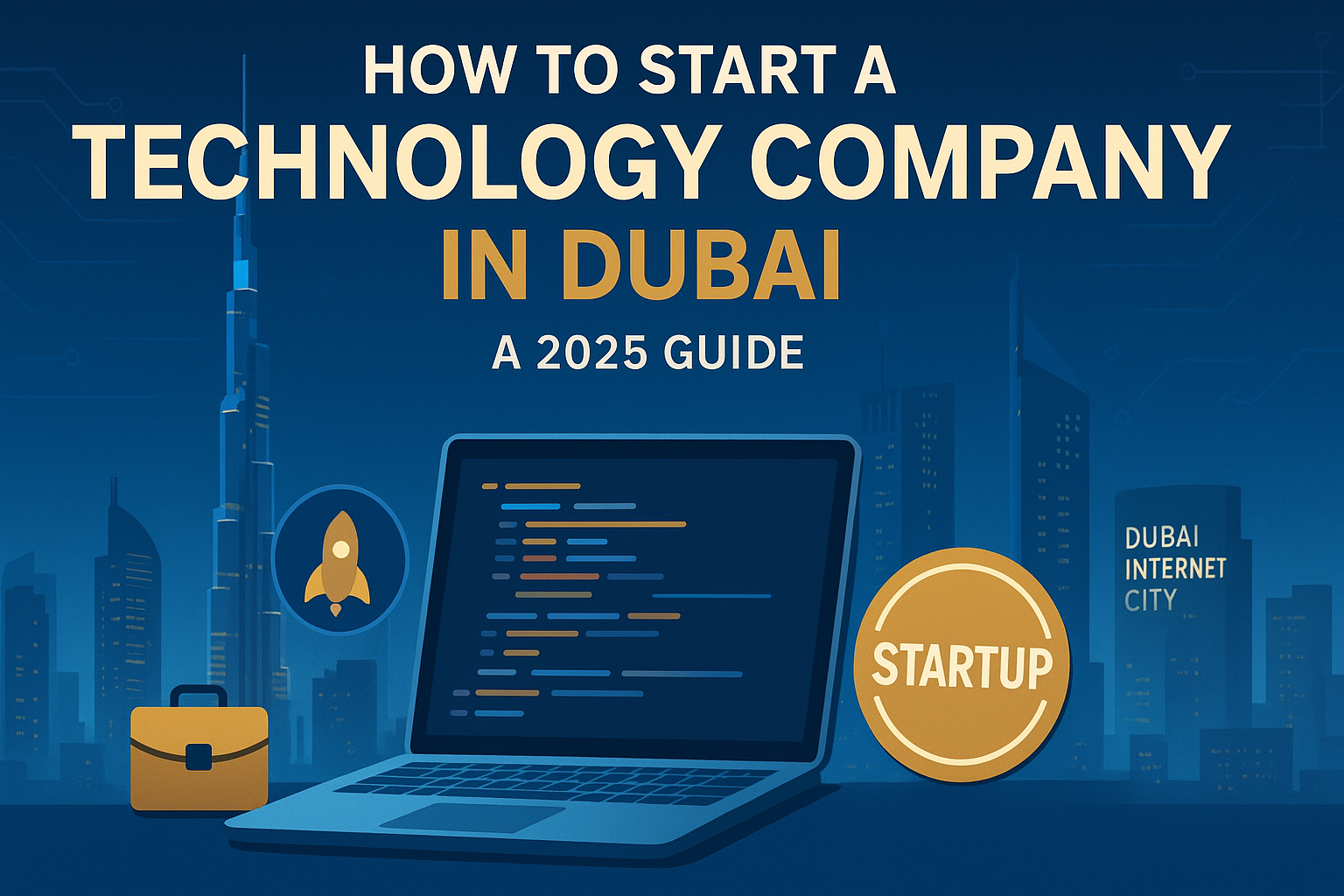 "How to Start a Technology Company in Dubai illustrated with Burj Khalifa, Dubai Internet City skyline, laptop with code, startup icons, and modern corporate elements representing innovation and business growth in UAE."