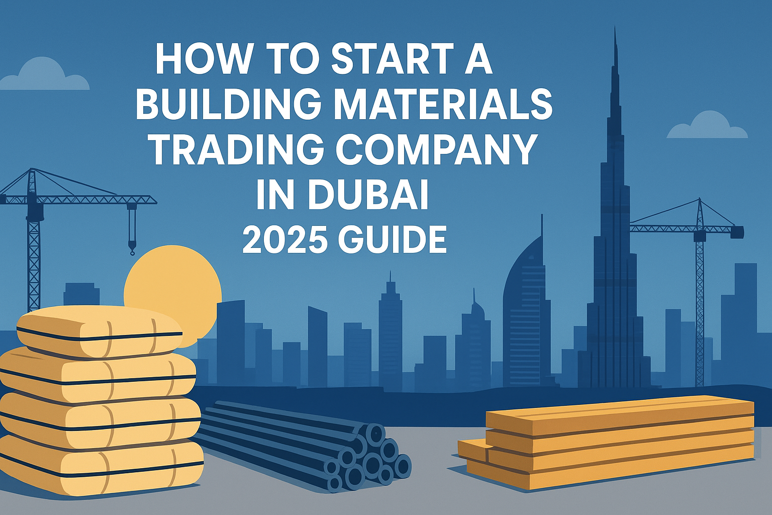 "How to Start a Building Materials Trading Company in Dubai illustrated with Burj Khalifa skyline, cranes, construction buildings, cement bags, steel rods, and wooden planks, symbolizing construction business setup in UAE."