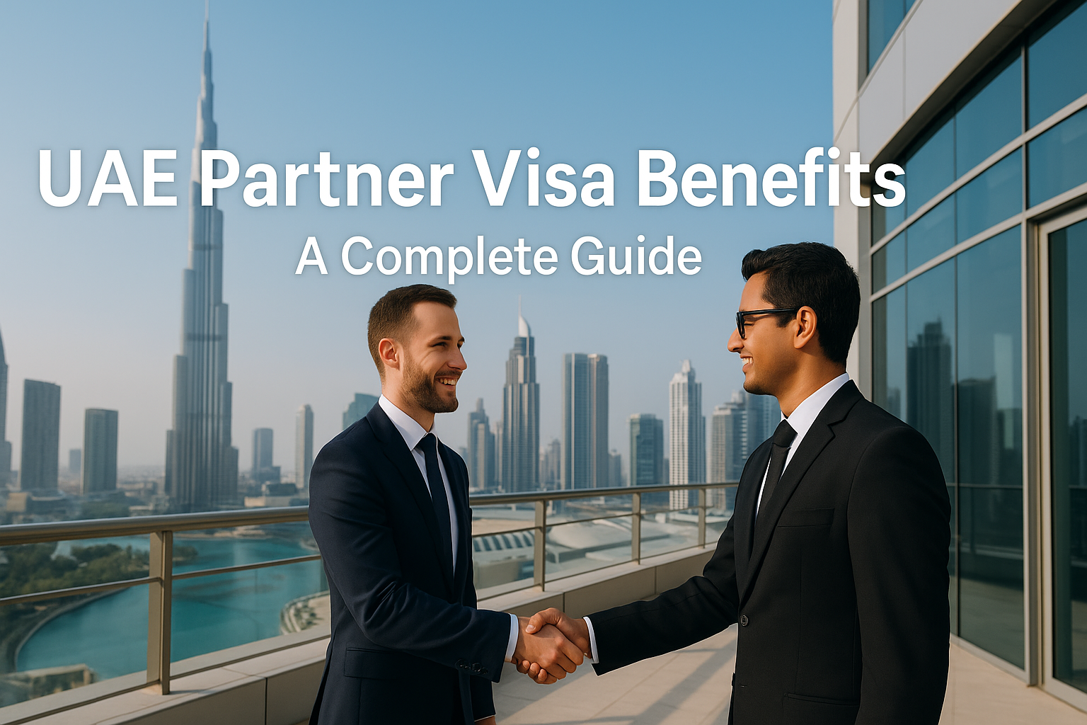 Two business partners shaking hands on a terrace with the Burj Khalifa and Dubai skyline in the background, symbolizing UAE Partner Visa Benefits such as business ownership, partnership opportunities, and long-term residency.