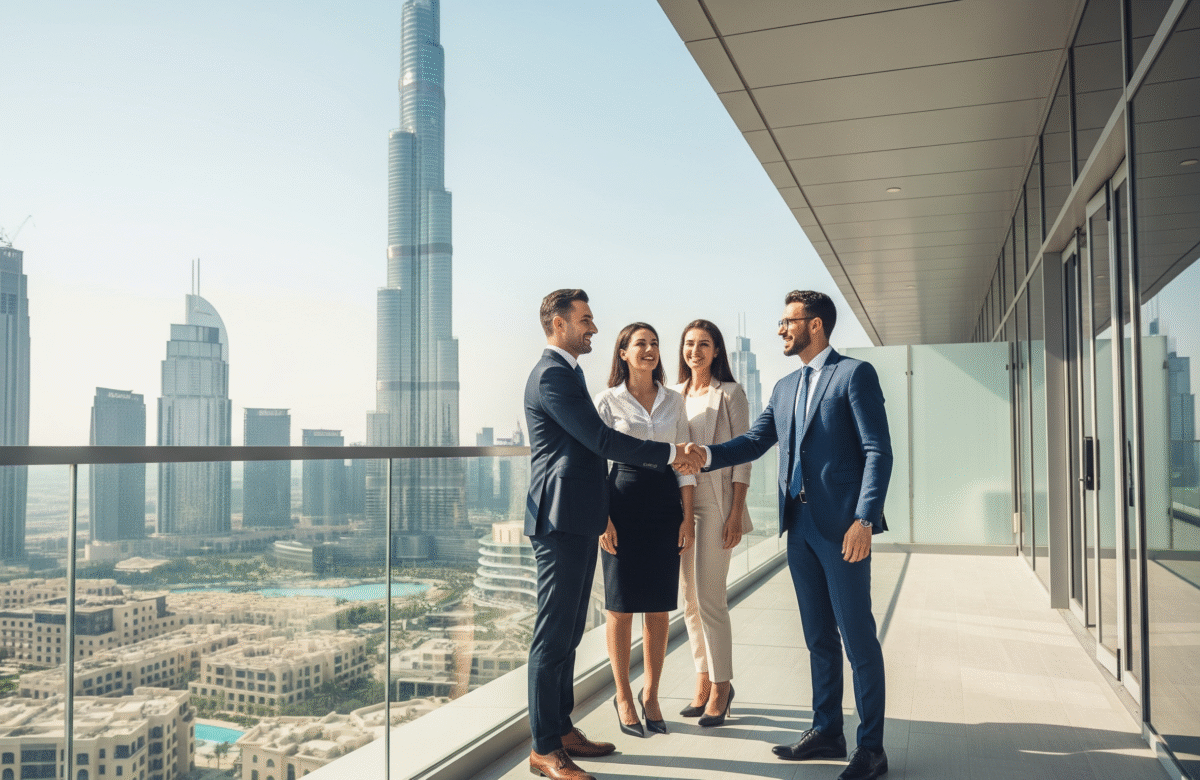 A professional business scene in Dubai: two men shaking hands while two women stand smiling nearby on a high balcony overlooking the Dubai skyline with the Burj Khalifa, emphasizing 7 costly mistakes to avoid when setting up your company in dubai. The atmosphere is corporate and successful.