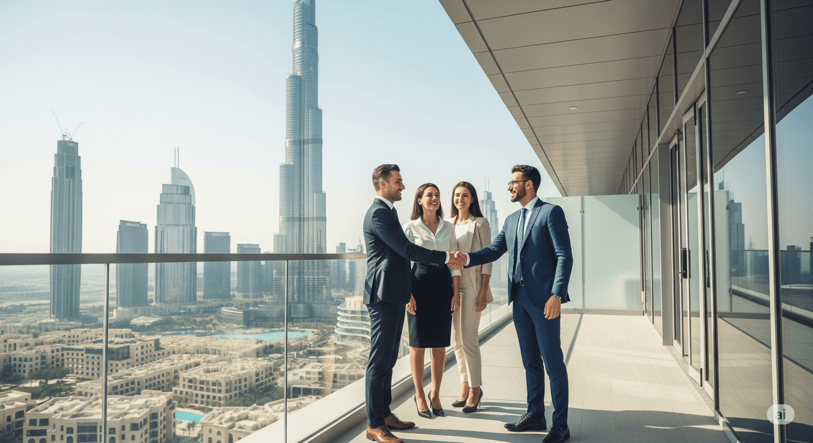 A professional business scene in Dubai: two men shaking hands while two women stand smiling nearby on a high balcony overlooking the Dubai skyline with the Burj Khalifa, emphasizing 7 costly mistakes to avoid when setting up your company in dubai. The atmosphere is corporate and successful.
