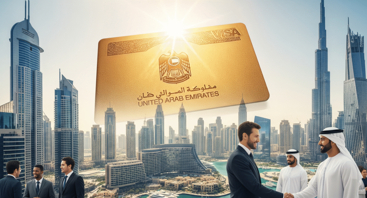 UAE Golden Visa - business professionals and investors in Dubai skyline securing long-term residency