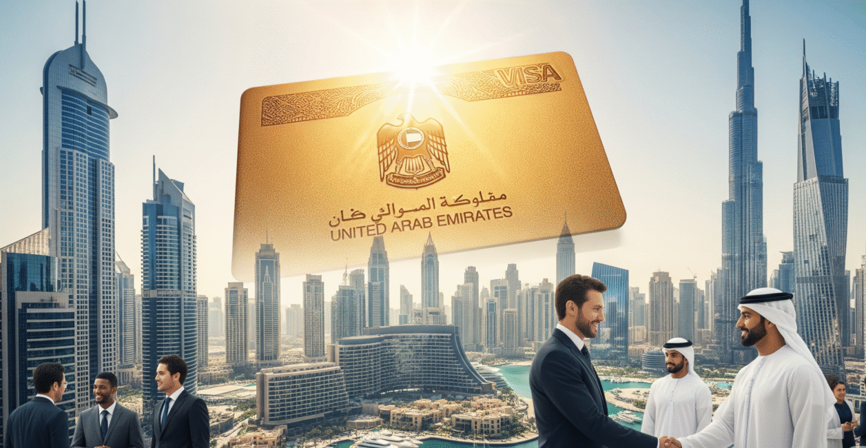 UAE Golden Visa - business professionals and investors in Dubai skyline securing long-term residency