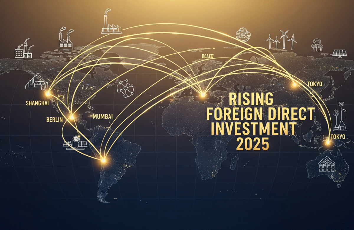 A futuristic world map is depicted with a sophisticated, digital aesthetic. A subtle gradient background transitions from deep blue at the bottom to a warm gold at the top. Major cities like New York, Shanghai, Mumbai, Berlin, and Tokyo are marked with small, illuminated points. Glowing golden arrows connect these cities, illustrating dynamic, arcing paths that symbolize the flow of rising foreign direct investment. The arrows vary in thickness to suggest different volumes of investment, with thicker arrows indicating higher flows. Scattered across the map, small, intricate icons represent key economic drivers: stylized factories with smoke plumes, interconnected digital network lines, and sleek renewable energy plants like wind turbines and solar panels. These icons are subtly integrated and semi-transparent, adding to the futuristic feel. Dominating the center of the map is the text "Rising Foreign Direct Investment 2025," rendered in a bold, modern, sans-serif typeface with a golden glow, giving it a three-dimensional effect. The map itself is a dark, translucent globe, allowing the background gradient to show through, and features faint, grid-like lines and continent outlines. The overall impression is one of global connectivity and economic dynamism in a high-tech future.