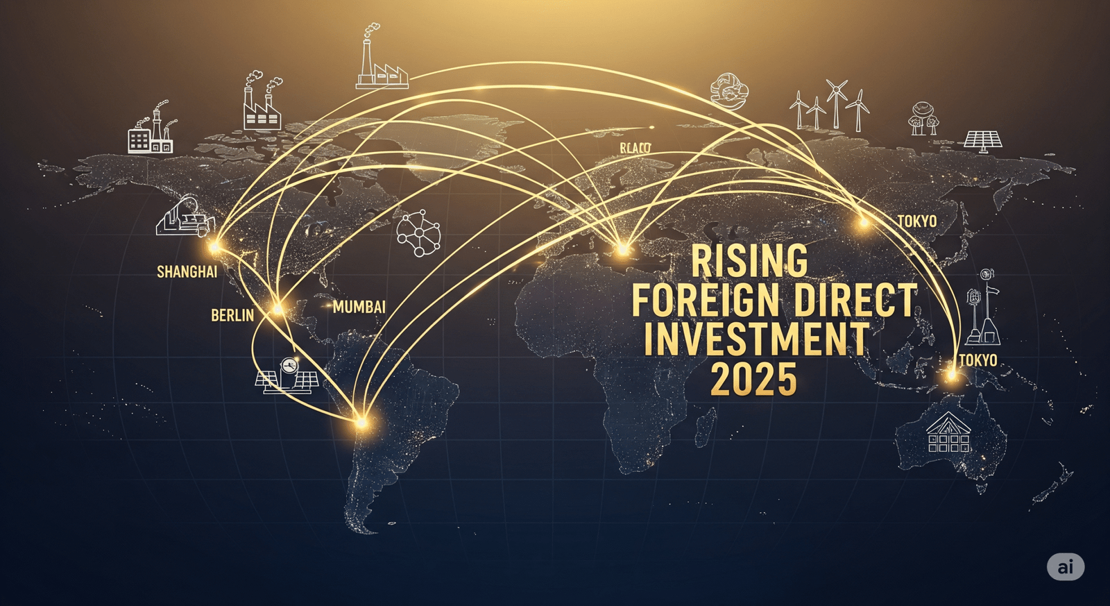 A futuristic world map is depicted with a sophisticated, digital aesthetic. A subtle gradient background transitions from deep blue at the bottom to a warm gold at the top. Major cities like New York, Shanghai, Mumbai, Berlin, and Tokyo are marked with small, illuminated points. Glowing golden arrows connect these cities, illustrating dynamic, arcing paths that symbolize the flow of rising foreign direct investment. The arrows vary in thickness to suggest different volumes of investment, with thicker arrows indicating higher flows. Scattered across the map, small, intricate icons represent key economic drivers: stylized factories with smoke plumes, interconnected digital network lines, and sleek renewable energy plants like wind turbines and solar panels. These icons are subtly integrated and semi-transparent, adding to the futuristic feel. Dominating the center of the map is the text "Rising Foreign Direct Investment 2025," rendered in a bold, modern, sans-serif typeface with a golden glow, giving it a three-dimensional effect. The map itself is a dark, translucent globe, allowing the background gradient to show through, and features faint, grid-like lines and continent outlines. The overall impression is one of global connectivity and economic dynamism in a high-tech future.