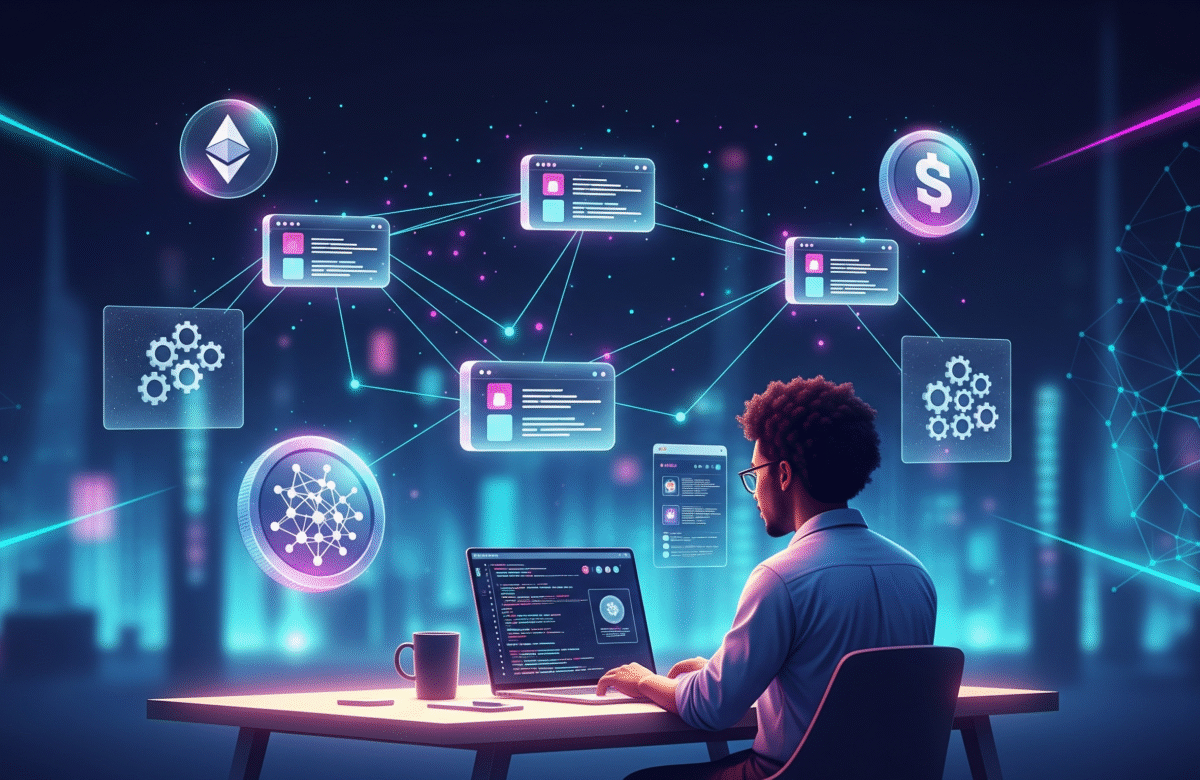 A futuristic digital artwork depicting a blockchain network with interconnected nodes and glowing lines. Cryptocurrency symbols (Bitcoin, Ethereum), NFTs, and metaverse elements are shown orbiting a central glowing laptop, symbolizing a business hub. A modern entrepreneur figure stands in front, representing innovation in Web3. The overall theme is futuristic, professional, and highlights the global, decentralized nature of Web3 business.