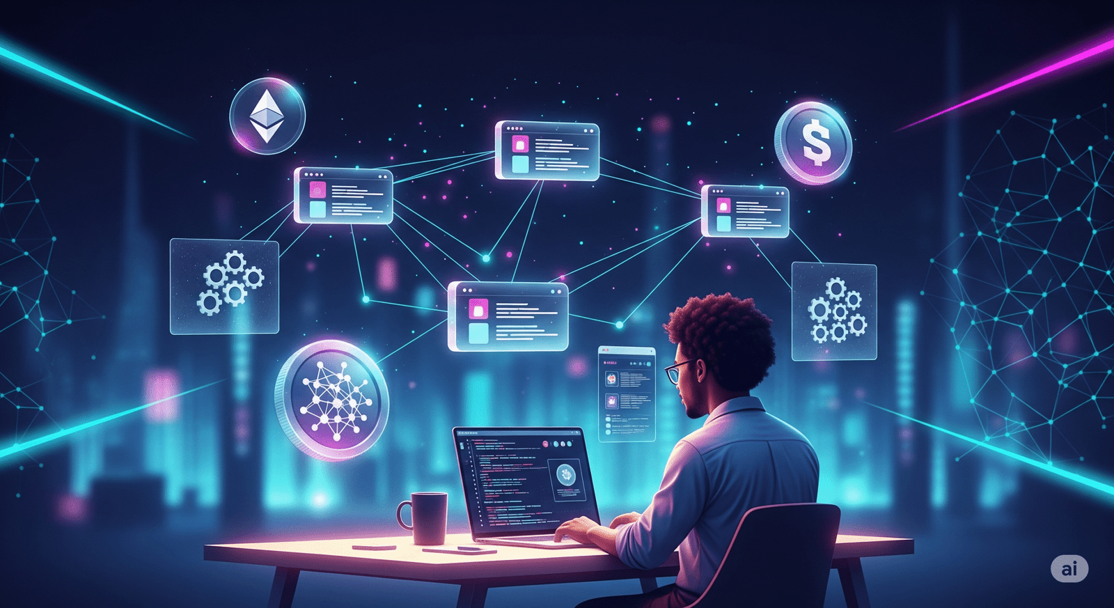 A futuristic digital artwork depicting a blockchain network with interconnected nodes and glowing lines. Cryptocurrency symbols (Bitcoin, Ethereum), NFTs, and metaverse elements are shown orbiting a central glowing laptop, symbolizing a business hub. A modern entrepreneur figure stands in front, representing innovation in Web3. The overall theme is futuristic, professional, and highlights the global, decentralized nature of Web3 business.