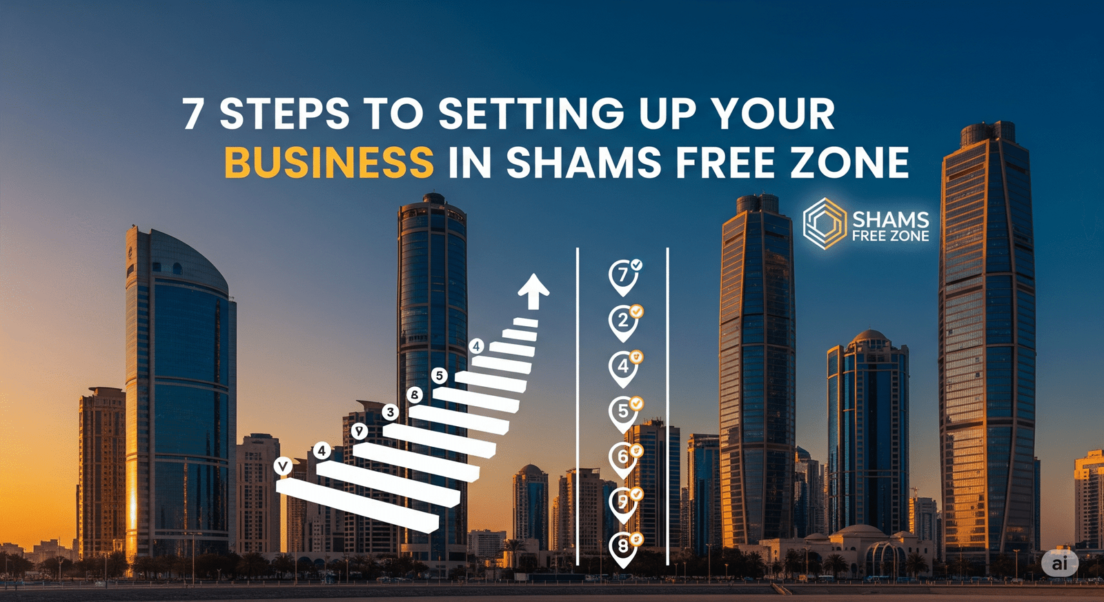 An illustration with a title that reads "7 STEPS TO SETTING UP YOUR BUSINESS IN SHAMS FREE ZONE." The image shows a set of ascending stairs with numbers 1 to 7 on each step, representing a guide or process. In the background is a stylized image of a modern city skyline at sunset.