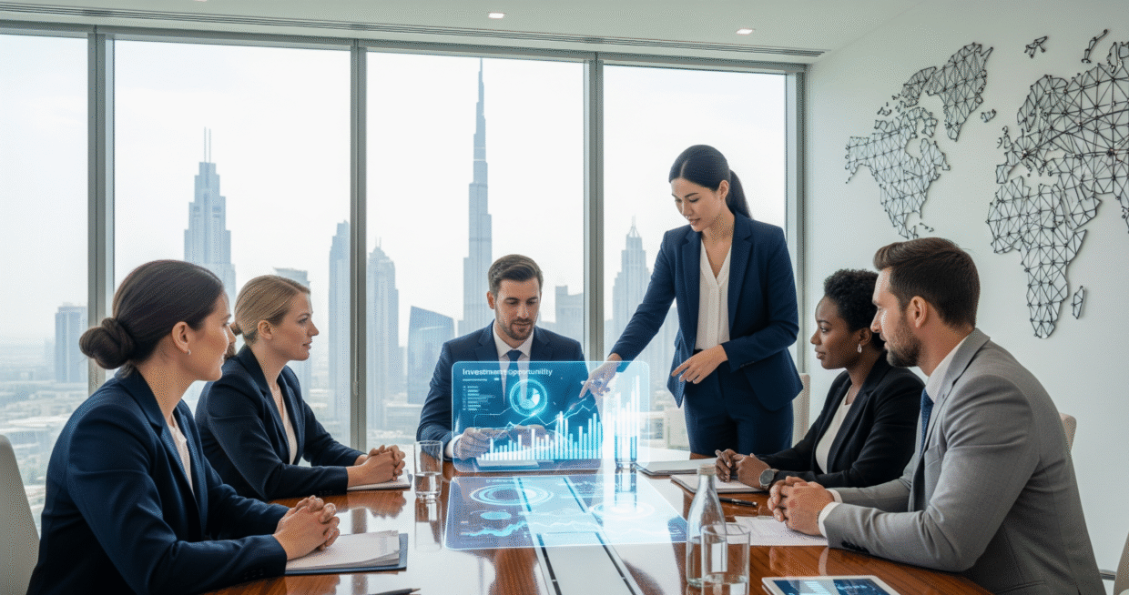 professionals discussing strategy in a modern office with Dubai skyline view, representing the benefits of setting up an LLC Company in Dubai.