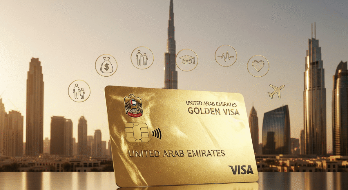 UAE Golden Visa card with Dubai skyline and icons representing investment, education, healthcare, and travel benefits