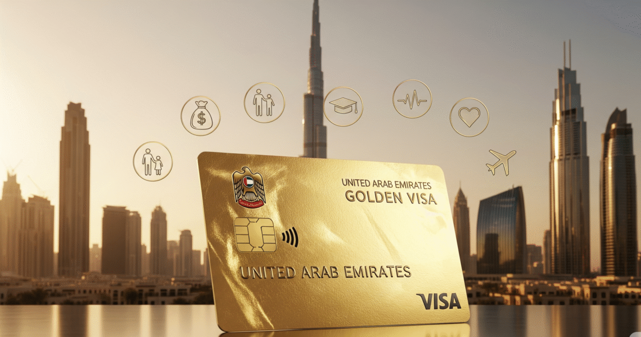 UAE Golden Visa card with Dubai skyline and icons representing investment, education, healthcare, and travel benefits