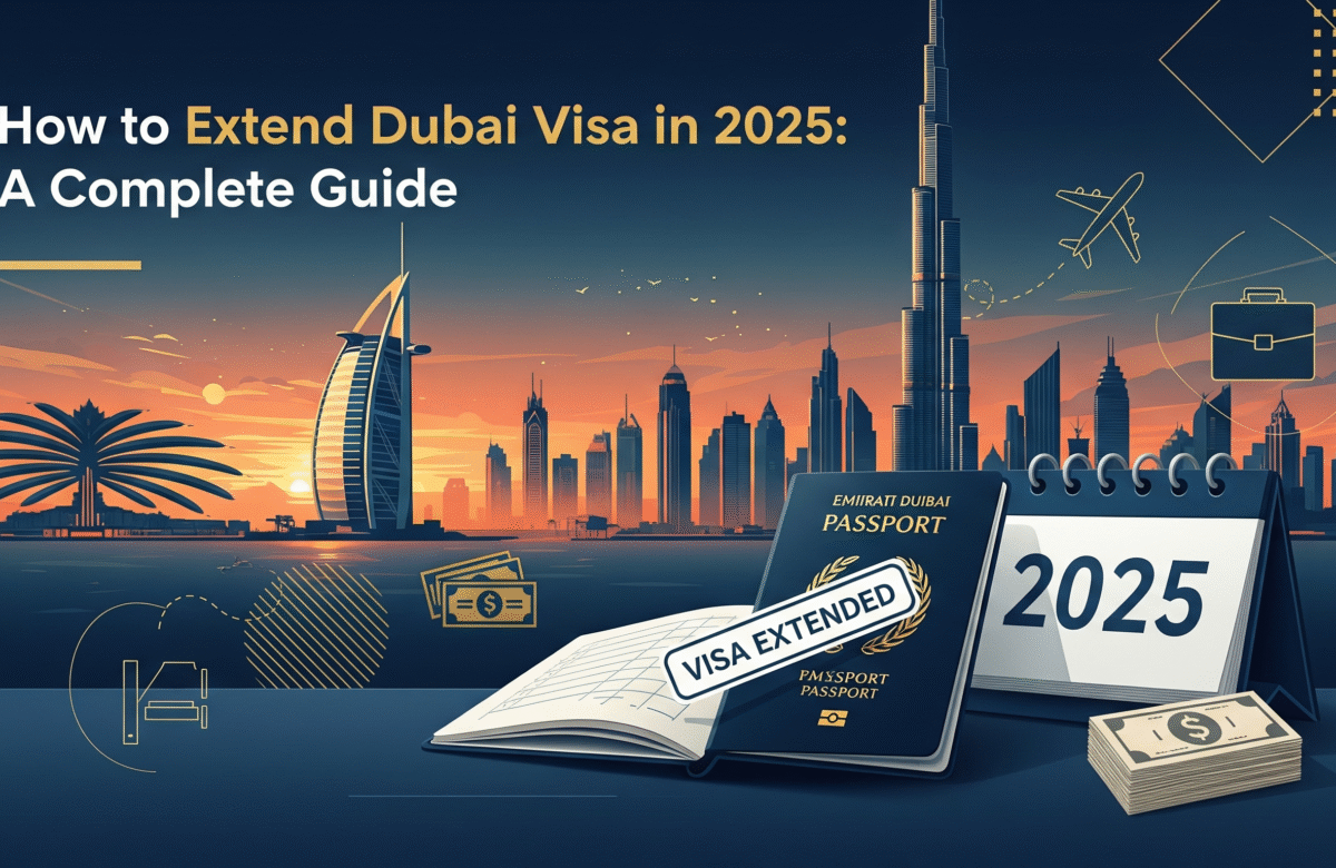 A sleek, modern infographic-style image illustrating the process of how to extend a Dubai visa. The top half of the image shows a stylized Dubai skyline with the iconic Burj Khalifa against a sunset background. A passport is overlaid on the skyline, with glowing blue visa stamps. The bottom half contains the prominent text "HOW TO EXTEND YOUR DUBAI VISA" in bold, professional typography, with a five-step visual guide below it.