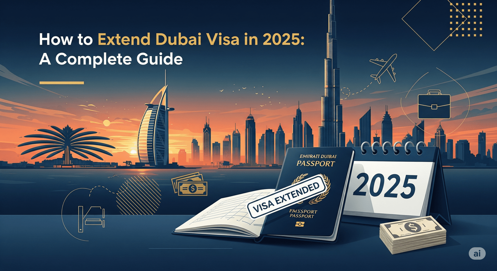 A sleek, modern infographic-style image illustrating the process of how to extend a Dubai visa. The top half of the image shows a stylized Dubai skyline with the iconic Burj Khalifa against a sunset background. A passport is overlaid on the skyline, with glowing blue visa stamps. The bottom half contains the prominent text "HOW TO EXTEND YOUR DUBAI VISA" in bold, professional typography, with a five-step visual guide below it.