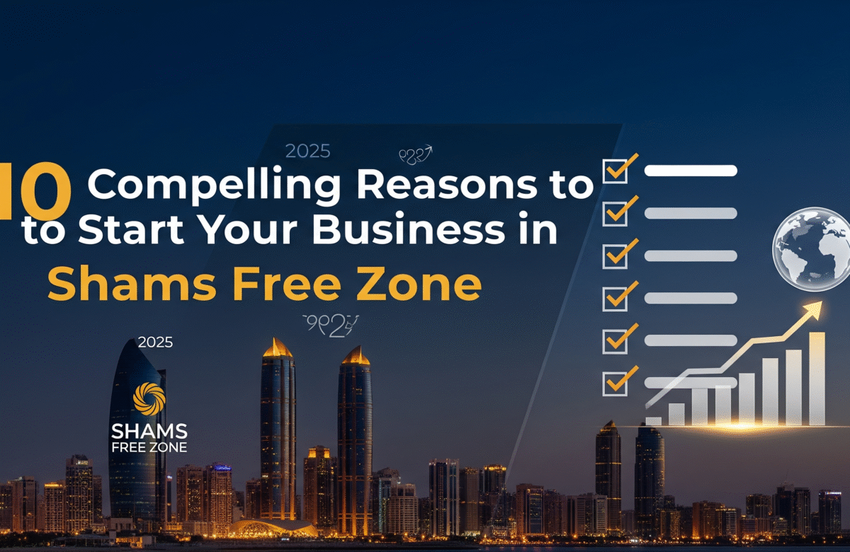 A digital graphic with the title "10 Compelling Reasons to Start Your Business in Shams Free Zone." The image features a stylized night-time skyline of a city, a bar chart showing upward growth, a checklist with checkmarks, and the Shams Free Zone logo.