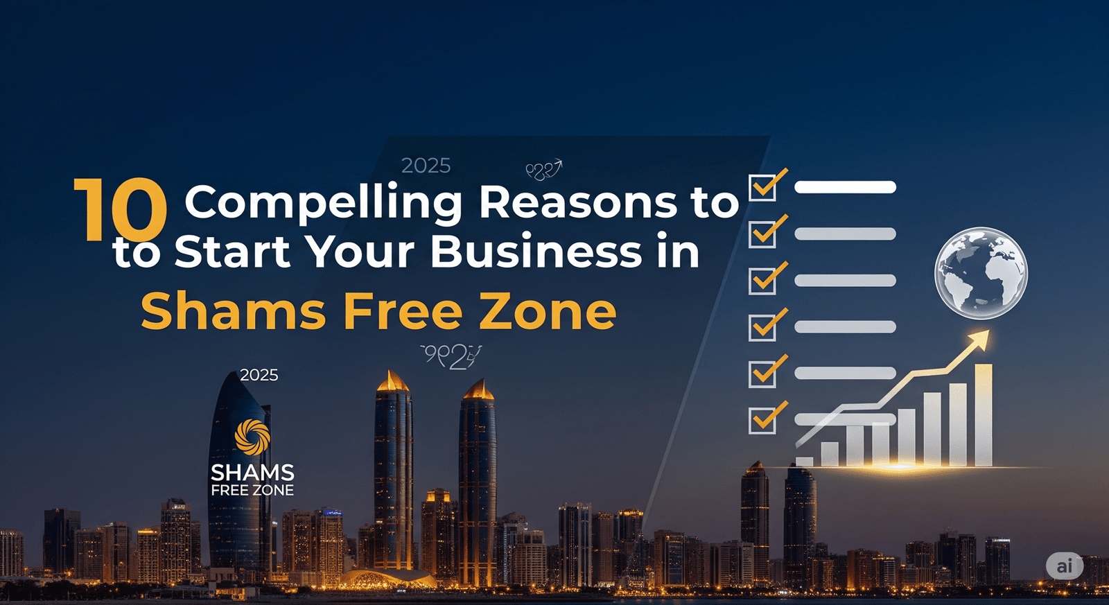 A digital graphic with the title "10 Compelling Reasons to Start Your Business in Shams Free Zone." The image features a stylized night-time skyline of a city, a bar chart showing upward growth, a checklist with checkmarks, and the Shams Free Zone logo.