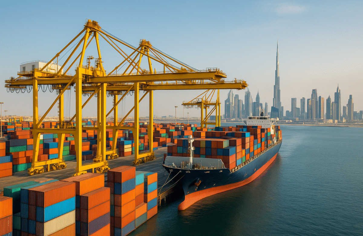 How to Start a Cargo Business in Dubai – A wide-angle view of Jebel Ali Port with stacked colorful cargo containers, large shipping cranes, and a docked cargo ship against Dubai skyline