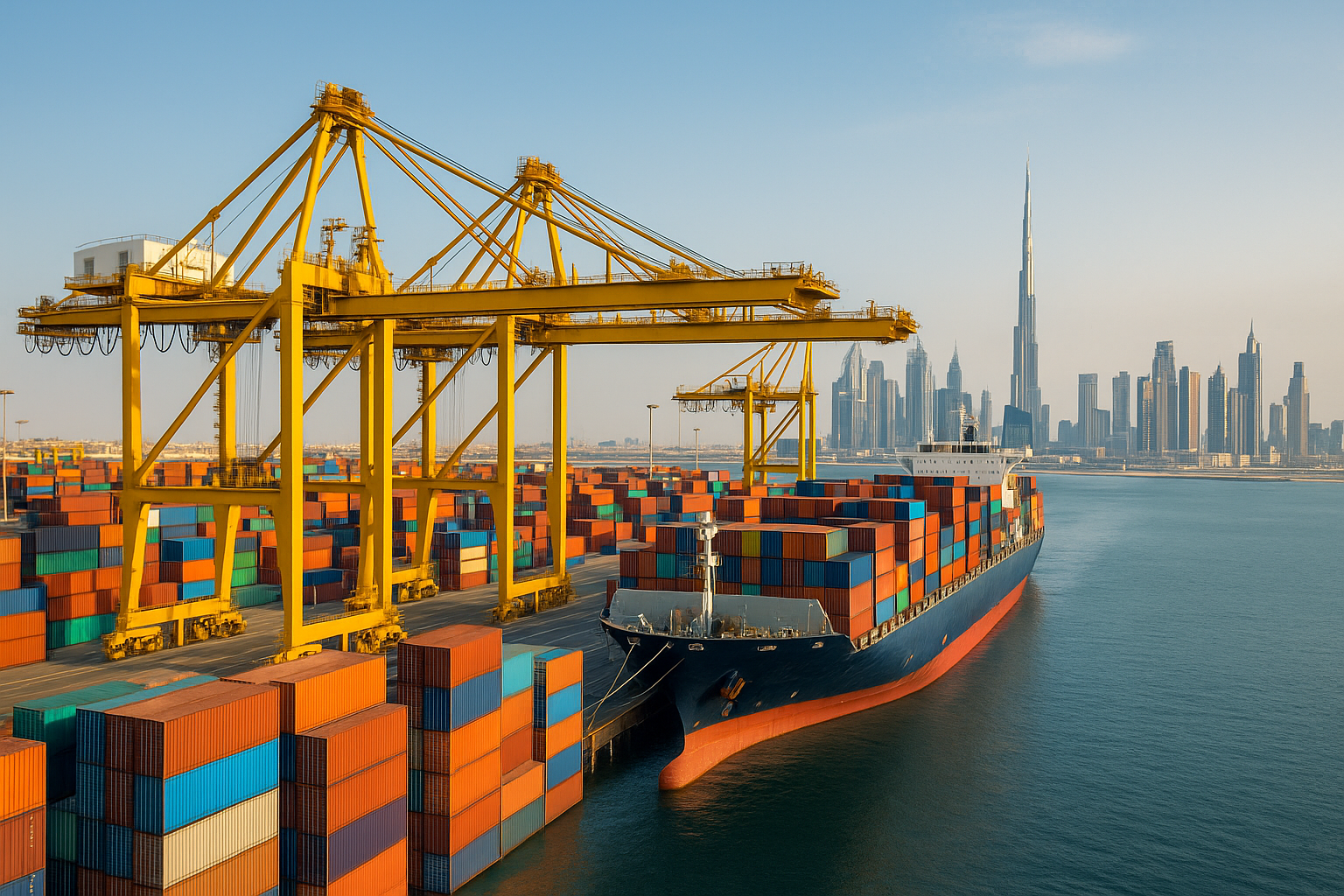How to Start a Cargo Business in Dubai – A wide-angle view of Jebel Ali Port with stacked colorful cargo containers, large shipping cranes, and a docked cargo ship against Dubai skyline