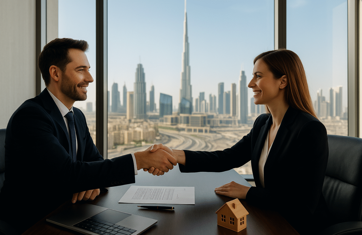 "Professional man and woman shaking hands over a desk with a property contract and a small model house. The background is a large window with a view of the Dubai skyline, including the Burj Khalifa. The image represents the successful transfer of ownership of property in Dubai."