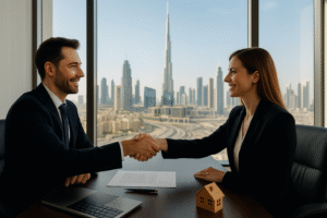 "Professional man and woman shaking hands over a desk with a property contract and a small model house. The background is a large window with a view of the Dubai skyline, including the Burj Khalifa. The image represents the successful transfer of ownership of property in Dubai."