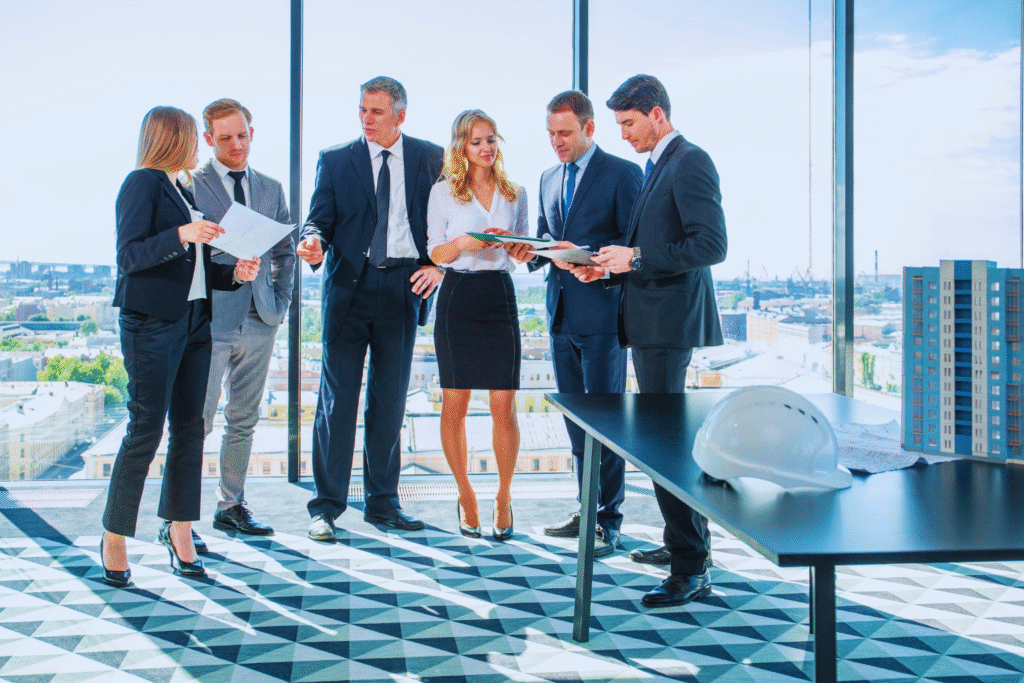 A group of business professionals discussing documents in a modern office with a city skyline view, symbolizing success, innovation, and global opportunities under the UAE Golden Visa program.