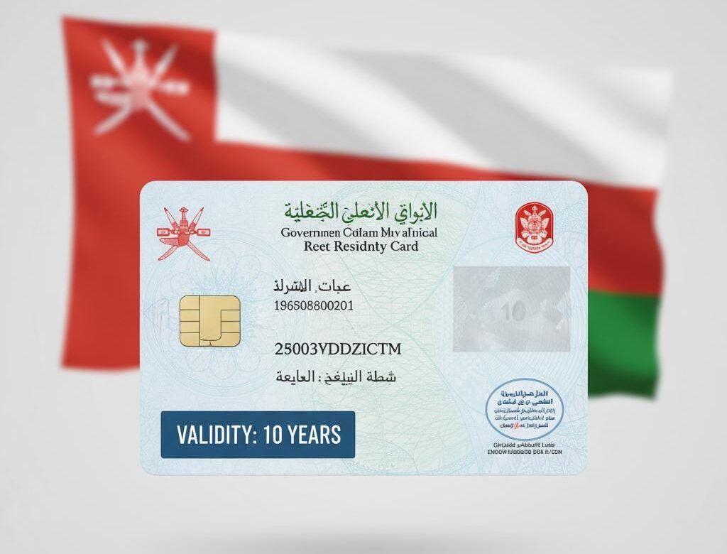 Professional, high-resolution illustration of an Oman Residency Card with "VALIDITY: 10 YEARS" prominently highlighted at the bottom, signifying that Oman extends residency card validity to 10 years. The card features official Omani government branding and text in Arabic and English, including a smart chip and security features. The national flag of Oman is blurred in the background, providing an official and modern corporate context to the clean layout.